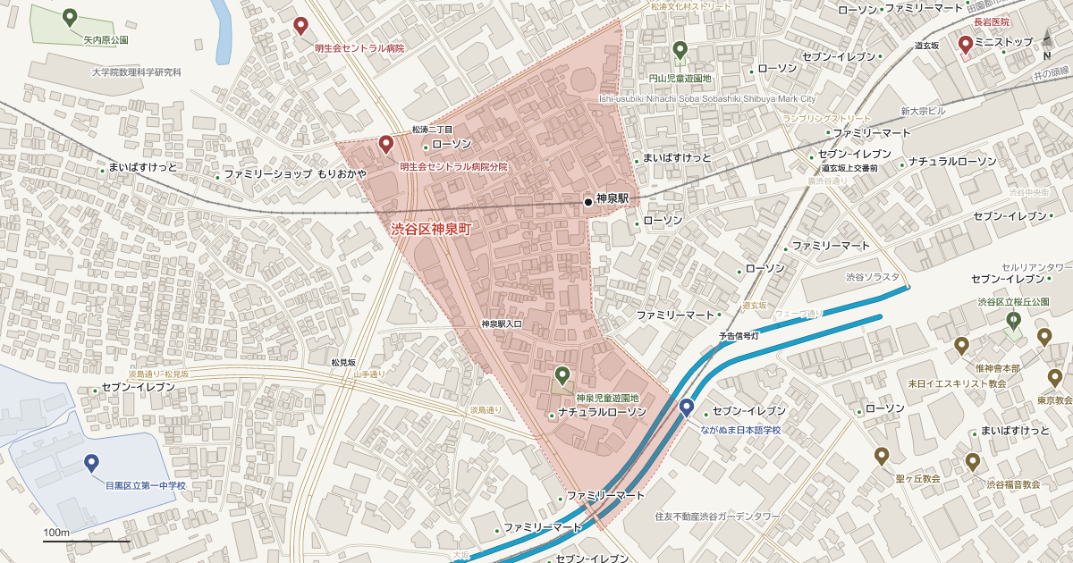 神泉町の位置を示す地図(近隣の公園・寺社・学校と、赤点線で囲んだ町の範囲)