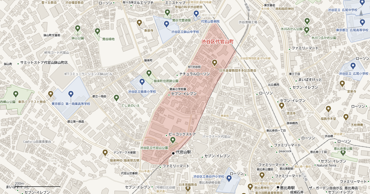 代官山町の位置を示す地図(近隣の公園・寺社・学校と、赤点線で囲んだ町の範囲)