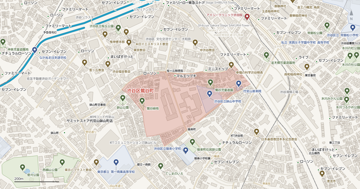 鶯谷町の位置を示す地図(近隣の公園・寺社・学校と、赤点線で囲んだ町の範囲)
