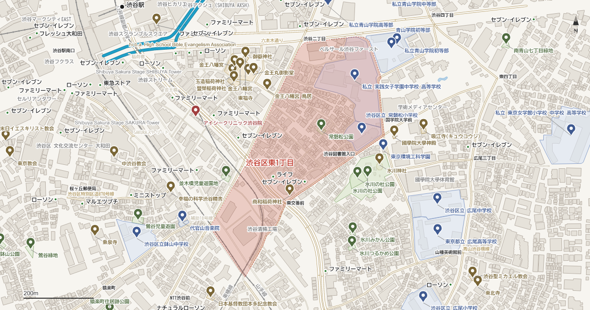 東1丁目の位置を示す地図(近隣の公園・寺社・学校と、赤点線で囲んだ町の範囲)