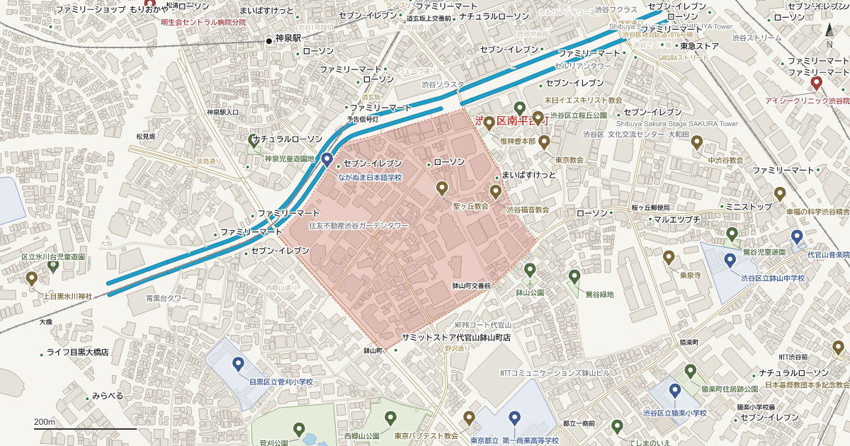 南平台町の位置を示す地図(近隣の公園・寺社・学校と、赤点線で囲んだ町の範囲)