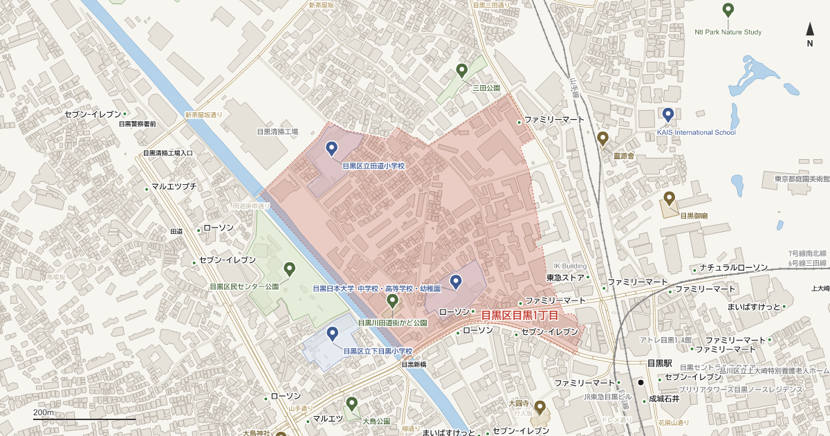 目黒1丁目の位置を示す地図(近隣の公園・寺社・学校と、赤点線で囲んだ町の範囲)