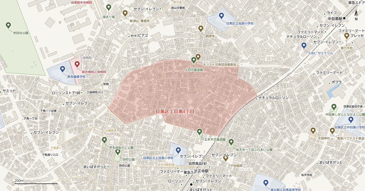 上目黒4丁目の位置を示す地図(近隣の公園・寺社・学校と、赤点線で囲んだ町の範囲)