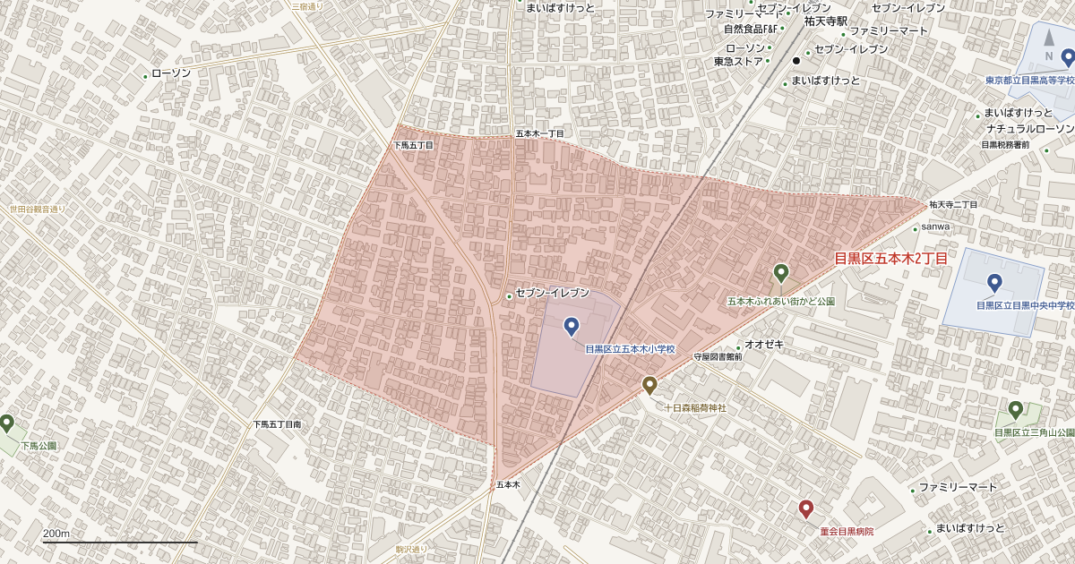 五本木2丁目の位置を示す地図(近隣の公園・寺社・学校と、赤点線で囲んだ町の範囲)