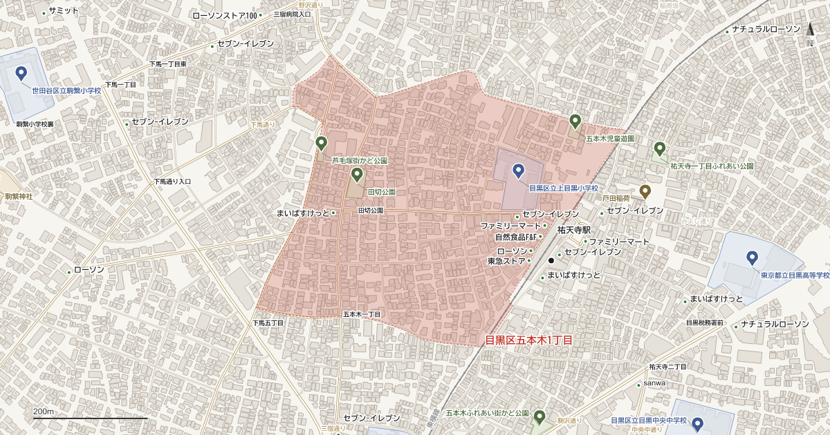五本木1丁目の位置を示す地図(近隣の公園・寺社・学校と、赤点線で囲んだ町の範囲)