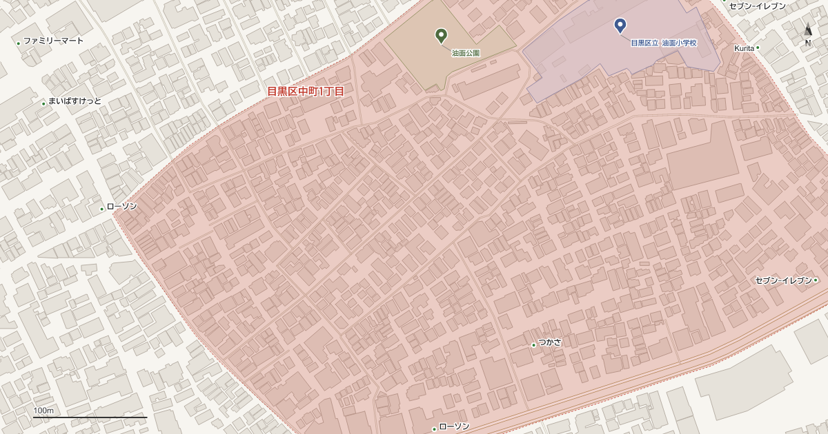 中町1丁目の位置を示す地図(近隣の公園・寺社・学校と、赤点線で囲んだ町の範囲)