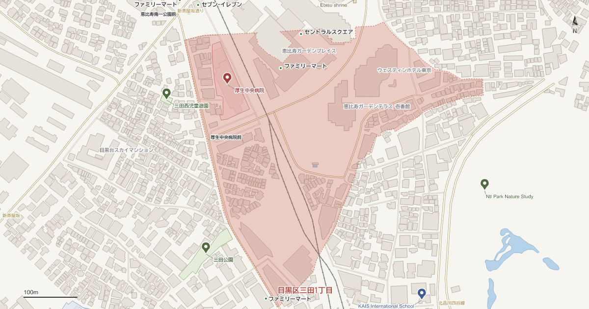 三田1丁目の位置を示す地図(近隣の公園・寺社・学校と、赤点線で囲んだ町の範囲)