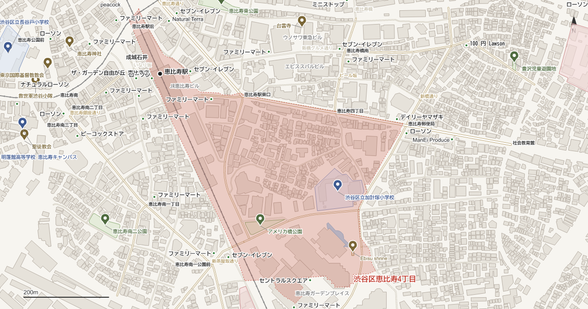 恵比寿4丁目の位置を示す地図(近隣の公園・寺社・学校と、赤点線で囲んだ町の範囲)