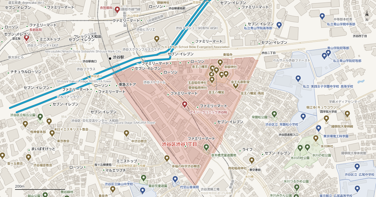 渋谷3丁目の位置を示す地図(近隣の公園・寺社・学校と、赤点線で囲んだ町の範囲)