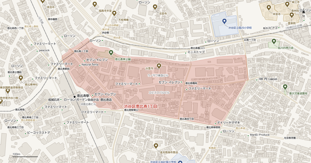 恵比寿1丁目の位置を示す地図(近隣の公園・寺社・学校と、赤点線で囲んだ町の範囲)