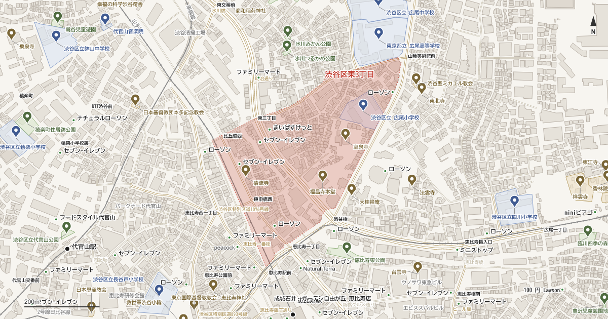 東3丁目の位置を示す地図(近隣の公園・寺社・学校と、赤点線で囲んだ町の範囲)
