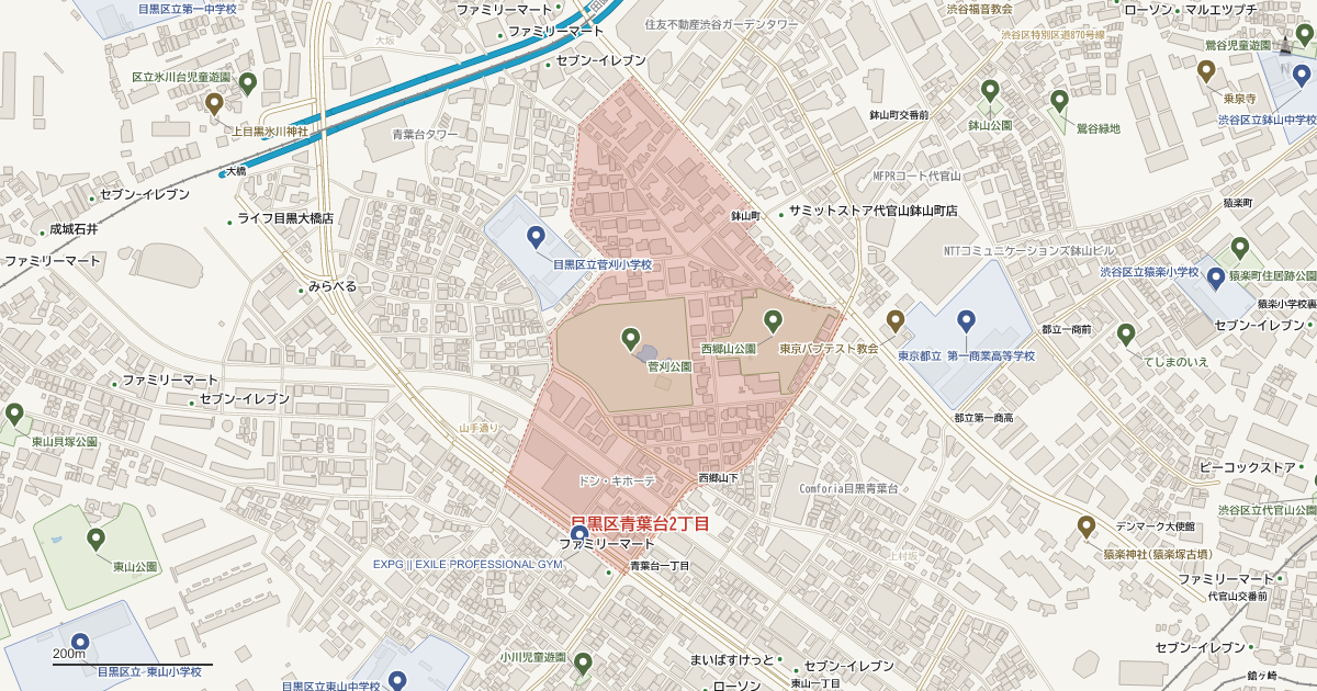 青葉台2丁目の位置を示す地図(近隣の公園・寺社・学校と、赤点線で囲んだ町の範囲)
