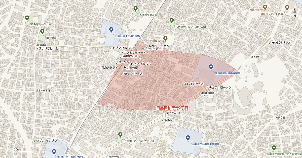 祐天寺2丁目の位置を示す地図(近隣の公園・寺社・学校と、赤点線で囲んだ町の範囲)