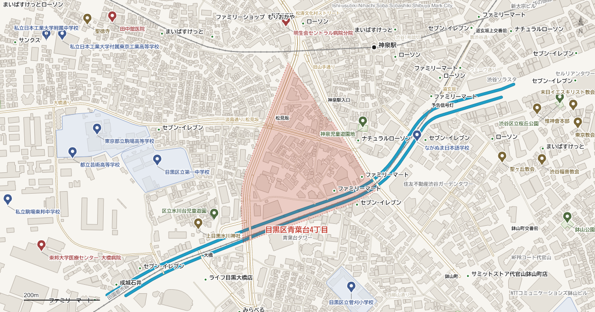 青葉台4丁目の位置を示す地図(近隣の公園・寺社・学校と、赤点線で囲んだ町の範囲)