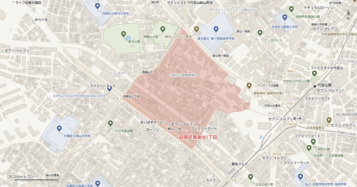 青葉台1丁目の位置を示す地図(近隣の公園・寺社・学校と、赤点線で囲んだ町の範囲)