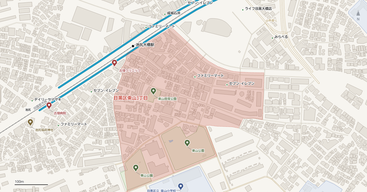 東山3丁目の位置を示す地図(近隣の公園・寺社・学校と、赤点線で囲んだ町の範囲)
