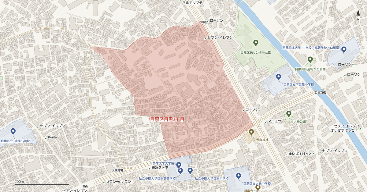 目黒3丁目の位置を示す地図(近隣の公園・寺社・学校と、赤点線で囲んだ町の範囲)