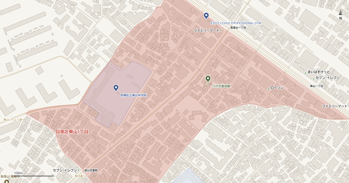 東山1丁目の位置を示す地図(近隣の公園・寺社・学校と、赤点線で囲んだ町の範囲)