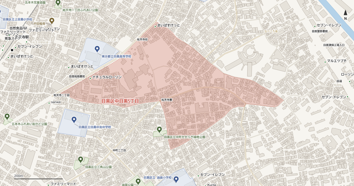 中目黒5丁目の位置を示す地図(近隣の公園・寺社・学校と、赤点線で囲んだ町の範囲)