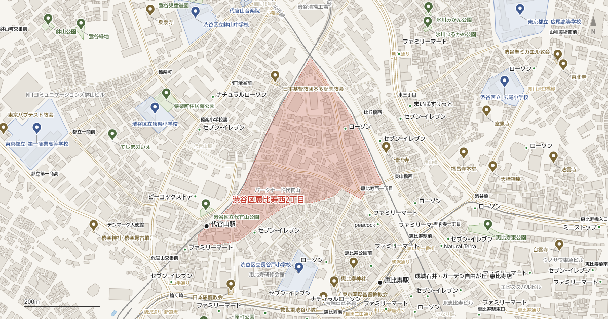 恵比寿西2丁目の位置を示す地図(近隣の公園・寺社・学校と、赤点線で囲んだ町の範囲)