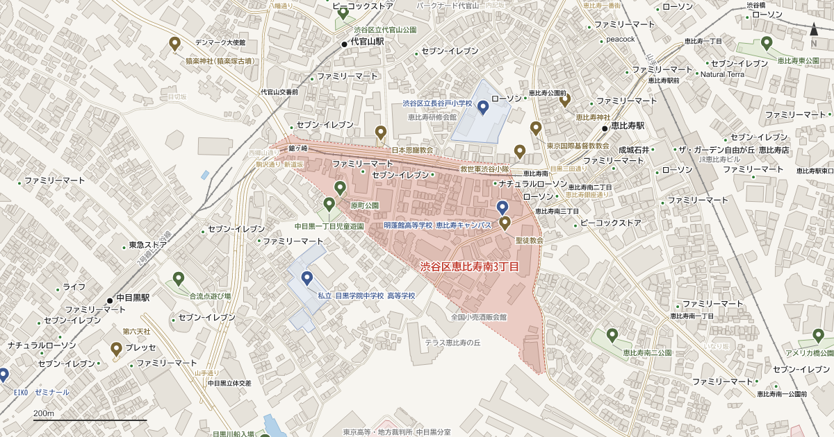 恵比寿南3丁目の位置を示す地図(近隣の公園・寺社・学校と、赤点線で囲んだ町の範囲)