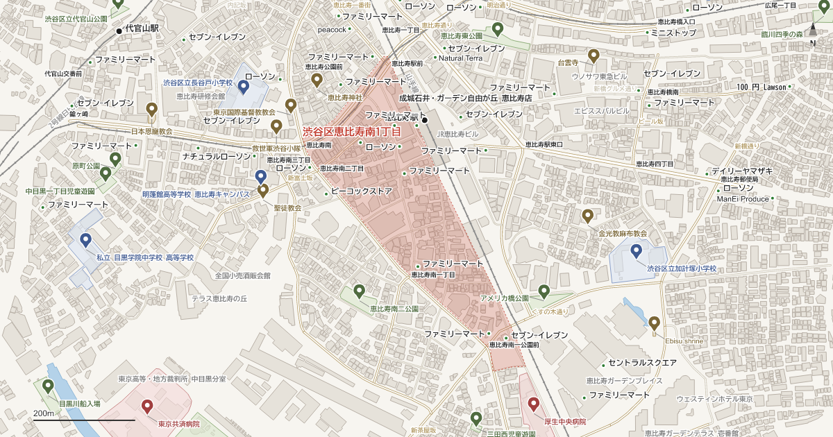 恵比寿南1丁目の位置を示す地図(近隣の公園・寺社・学校と、赤点線で囲んだ町の範囲)