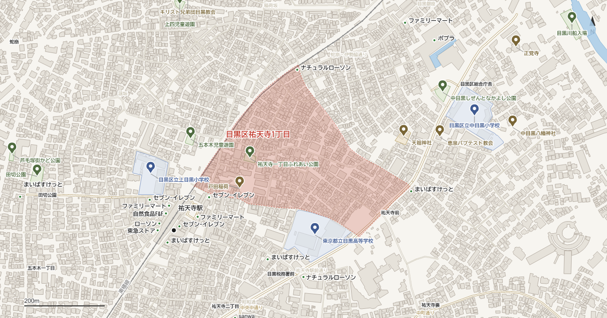 祐天寺1丁目の位置を示す地図(近隣の公園・寺社・学校と、赤点線で囲んだ町の範囲)