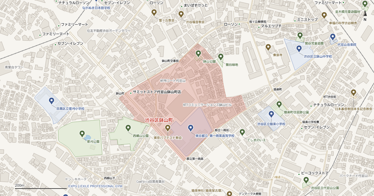鉢山町の位置を示す地図(近隣の公園・寺社・学校と、赤点線で囲んだ町の範囲)