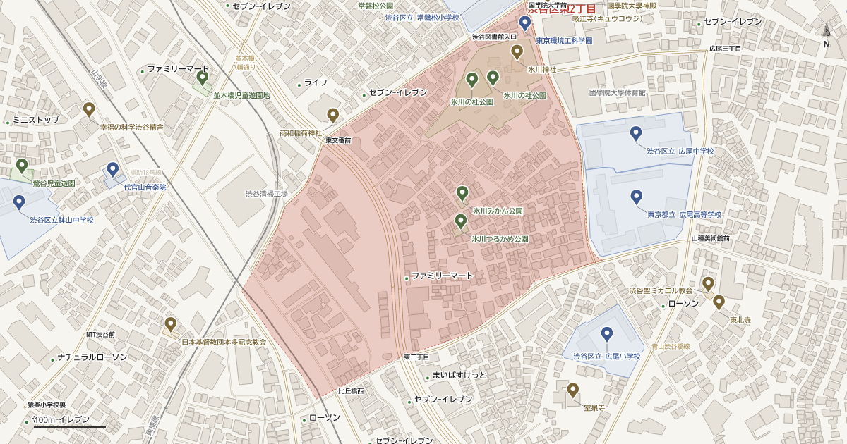 東2丁目の位置を示す地図(近隣の公園・寺社・学校と、赤点線で囲んだ町の範囲)