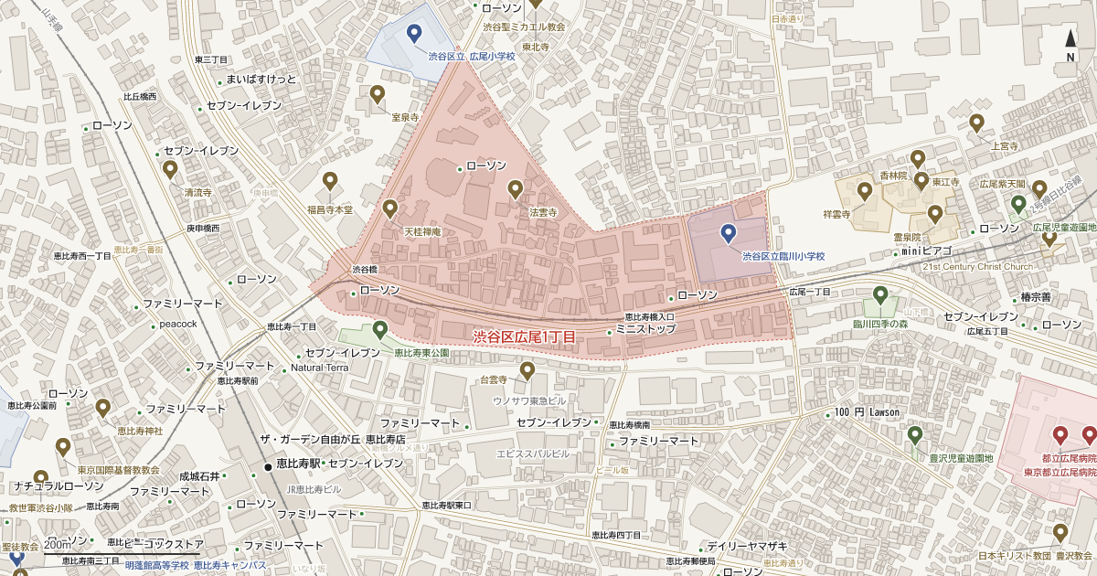 広尾1丁目の位置を示す地図(近隣の公園・寺社・学校と、赤点線で囲んだ町の範囲)