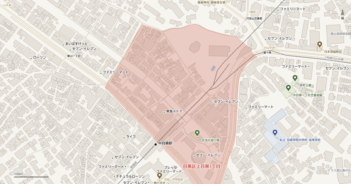 上目黒1丁目の位置を示す地図(近隣の公園・寺社・学校と、赤点線で囲んだ町の範囲)