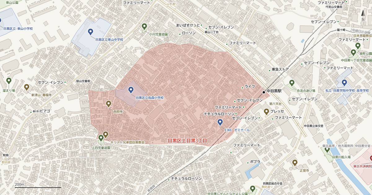 上目黒3丁目の位置を示す地図(近隣の公園・寺社・学校と、赤点線で囲んだ町の範囲)