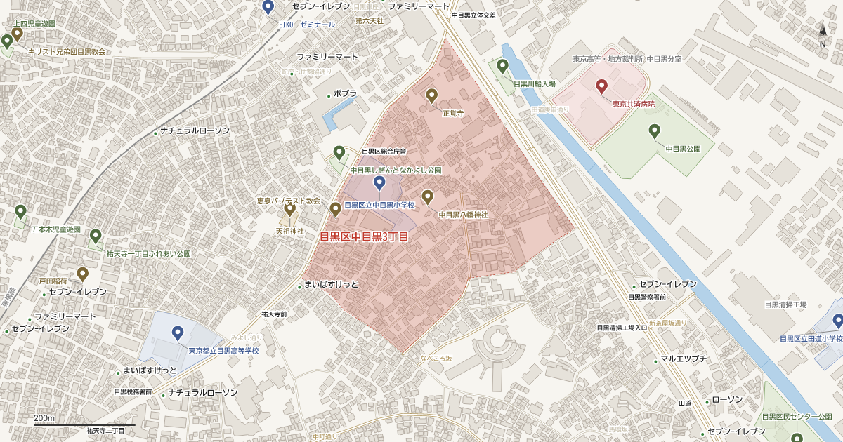 中目黒3丁目の位置を示す地図(近隣の公園・寺社・学校と、赤点線で囲んだ町の範囲)