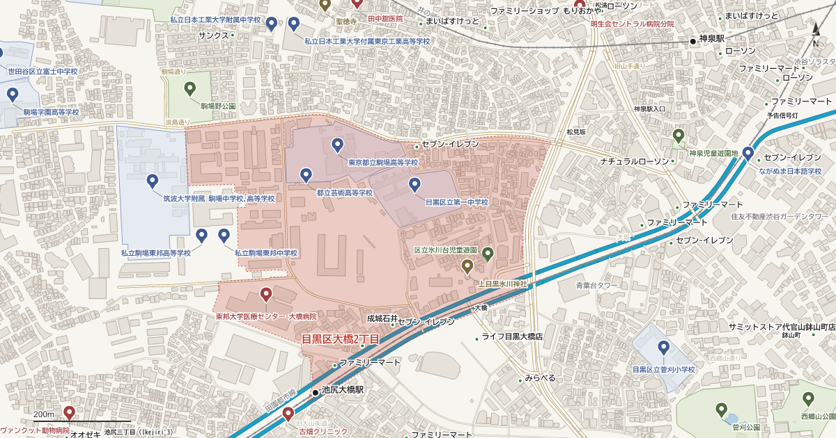 大橋2丁目の位置を示す地図(近隣の公園・寺社・学校と、赤点線で囲んだ町の範囲)