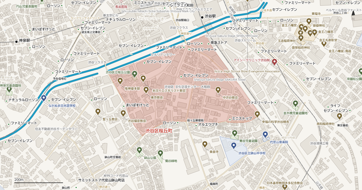 桜丘町の位置を示す地図(近隣の公園・寺社・学校と、赤点線で囲んだ町の範囲)