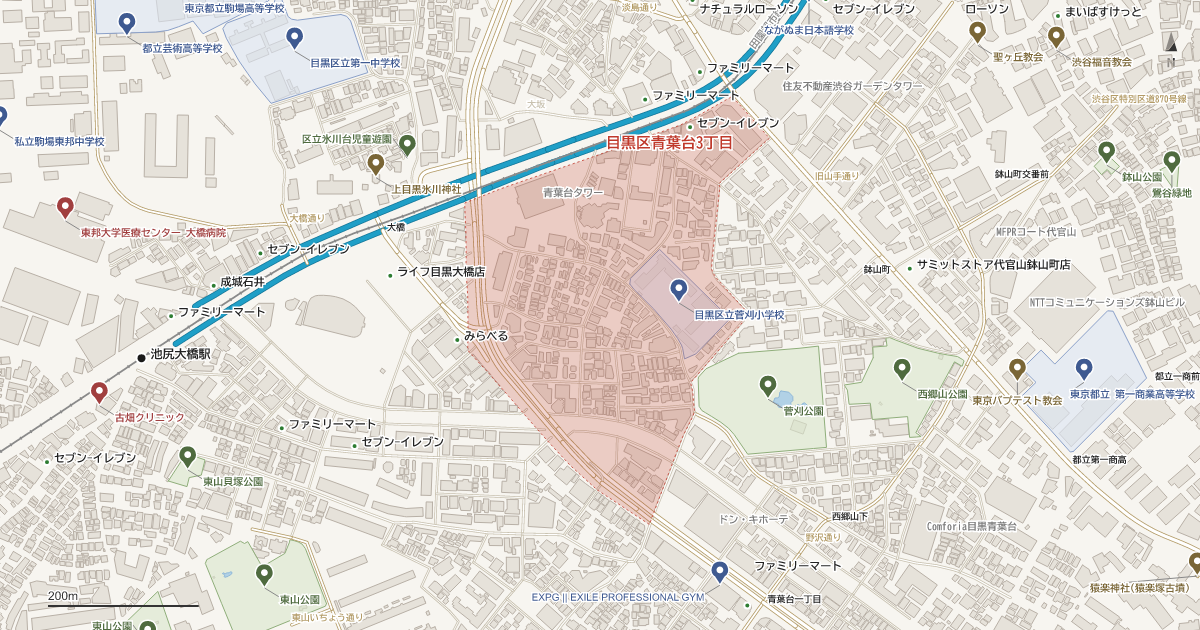青葉台3丁目の位置を示す地図(近隣の公園・寺社・学校と、赤点線で囲んだ町の範囲)