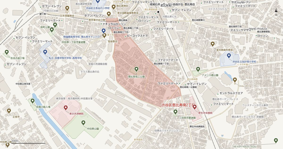 恵比寿南2丁目の位置を示す地図(近隣の公園・寺社・学校と、赤点線で囲んだ町の範囲)