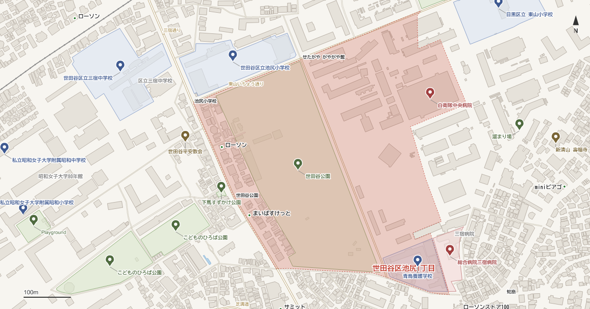 池尻1丁目の位置を示す地図(近隣の公園・寺社・学校と、赤点線で囲んだ町の範囲)