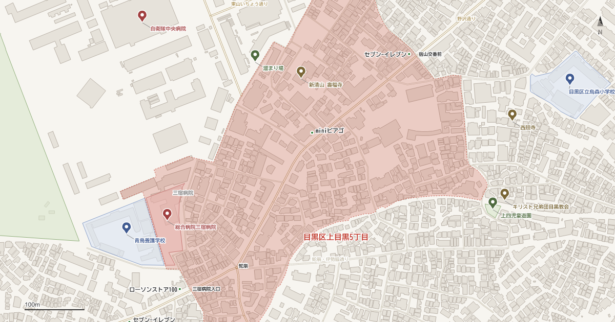 上目黒5丁目の位置を示す地図(近隣の公園・寺社・学校と、赤点線で囲んだ町の範囲)
