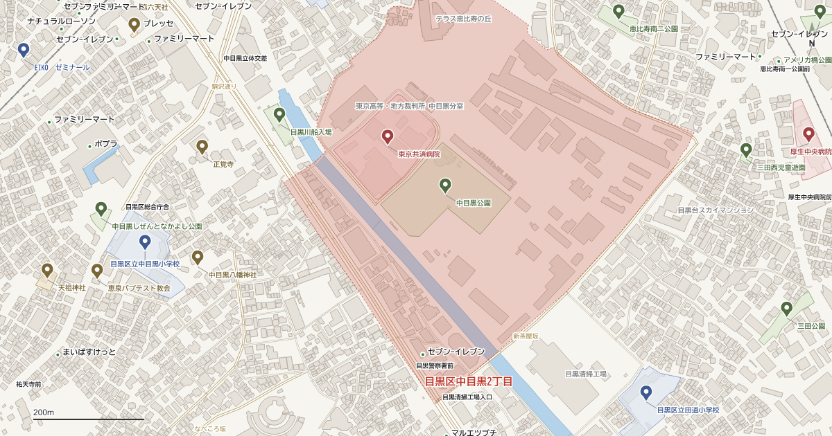 中目黒2丁目の位置を示す地図(近隣の公園・寺社・学校と、赤点線で囲んだ町の範囲)