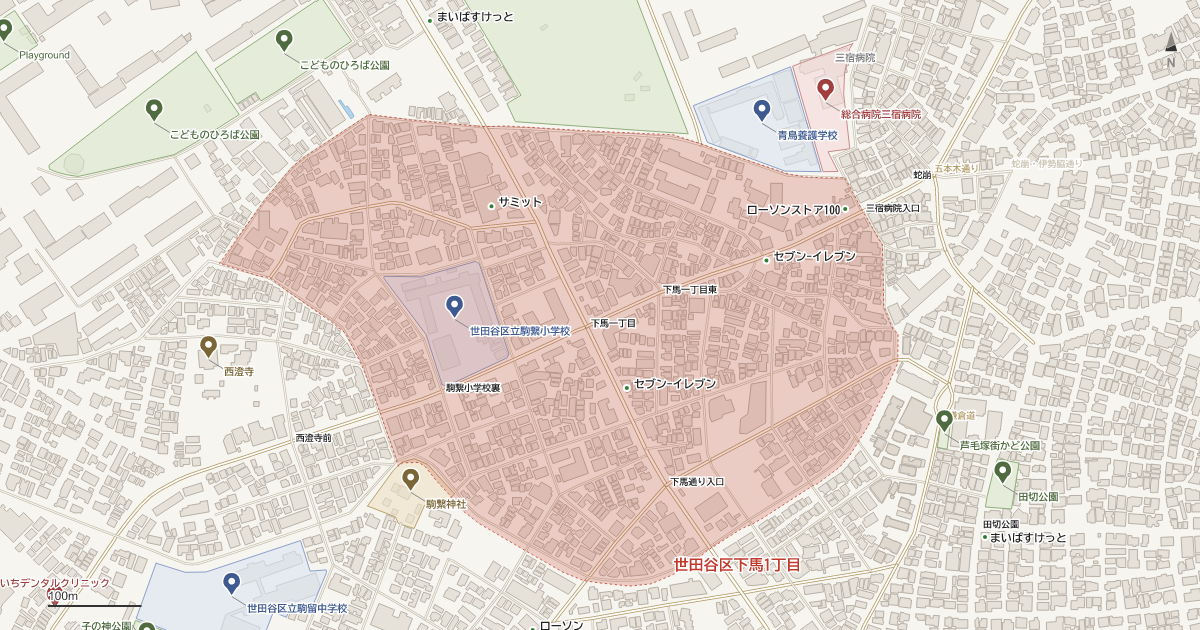 下馬1丁目の位置を示す地図(近隣の公園・寺社・学校と、赤点線で囲んだ町の範囲)